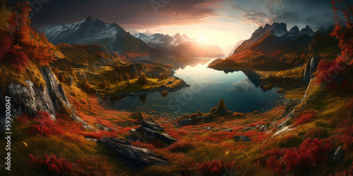 Fantastic evening panorama of Lake  Switzerland. Picturesque autumn sunset in the Alps  Generative Ai