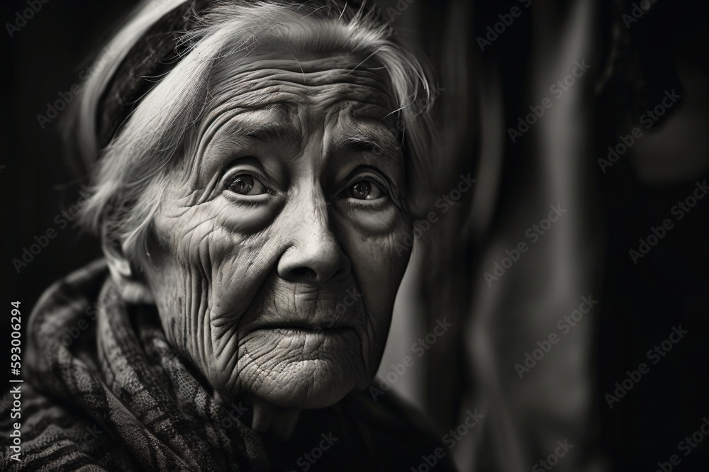 old wrinkled woman with pinned up white hair and worried look created with Generative AI technology