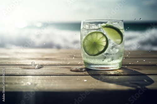 Glass of sparkling water with lime slice. Cocktail at the beach. Summer drink. Generative art.
