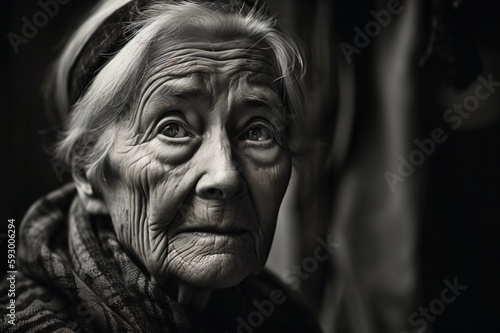 old wrinkled woman with pinned up white hair and worried look created with Generative AI technology