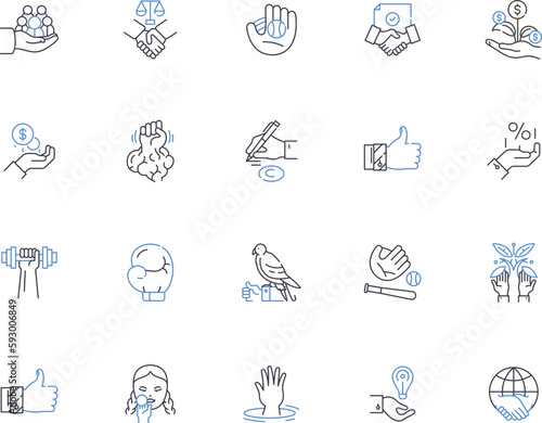 Hands outline icons collection. Grip, Grasp, Clench, Wring, Fist, Hold, Palm vector and illustration concept set. Shake, Rub, Grasping linear signs