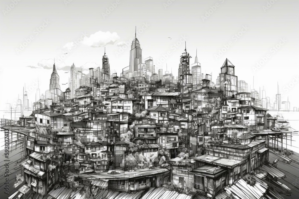cityscape skyline of city, in a cubism art illustration, in grey scale. Generative AI