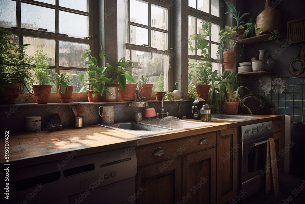 a kitchen with a sink, stove, dishwasher, and a counter with a potted plant on it, and a window. generative ai a kitchen with a sink, stove, dishwasher, and a counter with a potted plant on it, and a window. generative ai