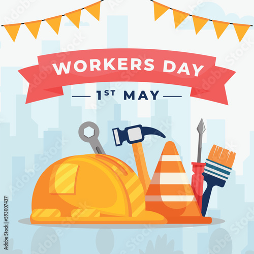 illustration of Labor Day concept, tools. International worker's day. 1st May, Cartoon illustration.