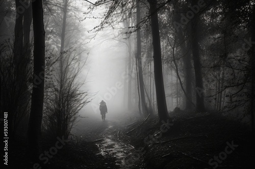 outline of a man in a dark foggy forest created with Generative AI technology photo