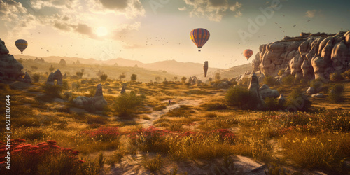background landscape Cappadocia with hot air balloons sun light. Concept trip Turkey travel, wallpaper, Generative Ai