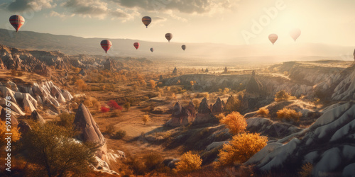 background landscape Cappadocia with hot air balloons sun light. Concept trip Turkey travel, wallpaper, Generative Ai