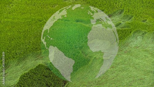 earth planet on green background of rice,clean energy concept. It is a concept that shows energy saving to save the environment in the future.