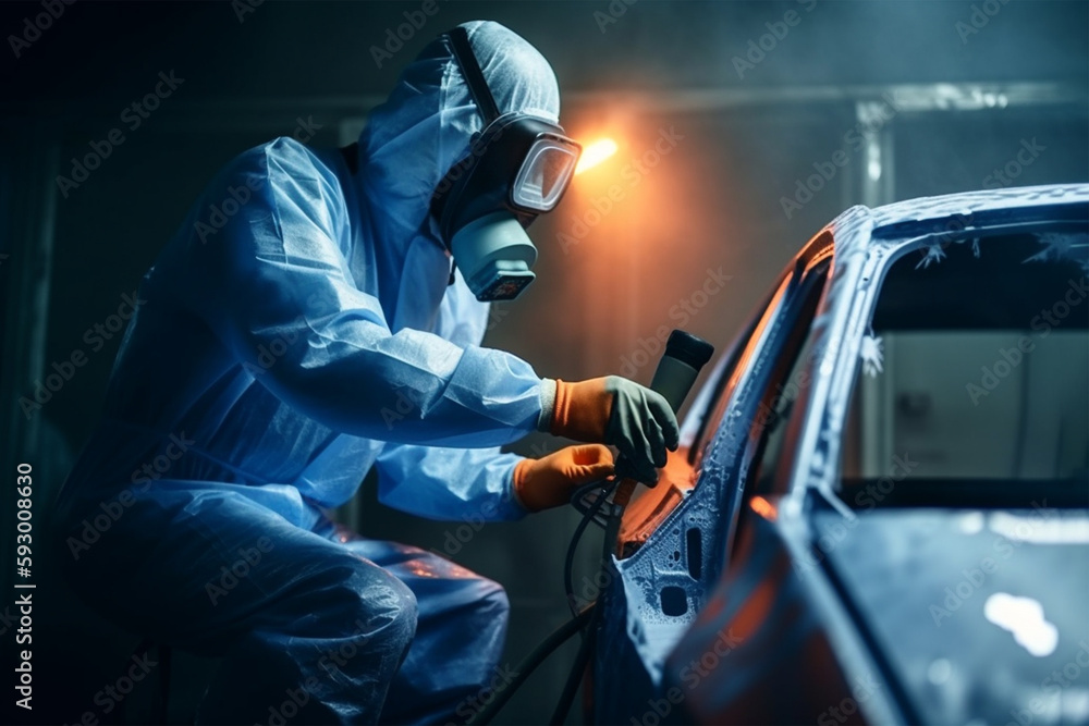 Car painter in protective clothes and mask painting a car, mechanic using a paint spray gun in a painting chamber. Bodywork, paint job, car service, bodypaint garage. AI generated image Car painter in protective clothes and mask painting a car, mechanic using a paint spray gun in a painting chamber. Bodywork, paint job, car service, bodypaint garage. AI generated image