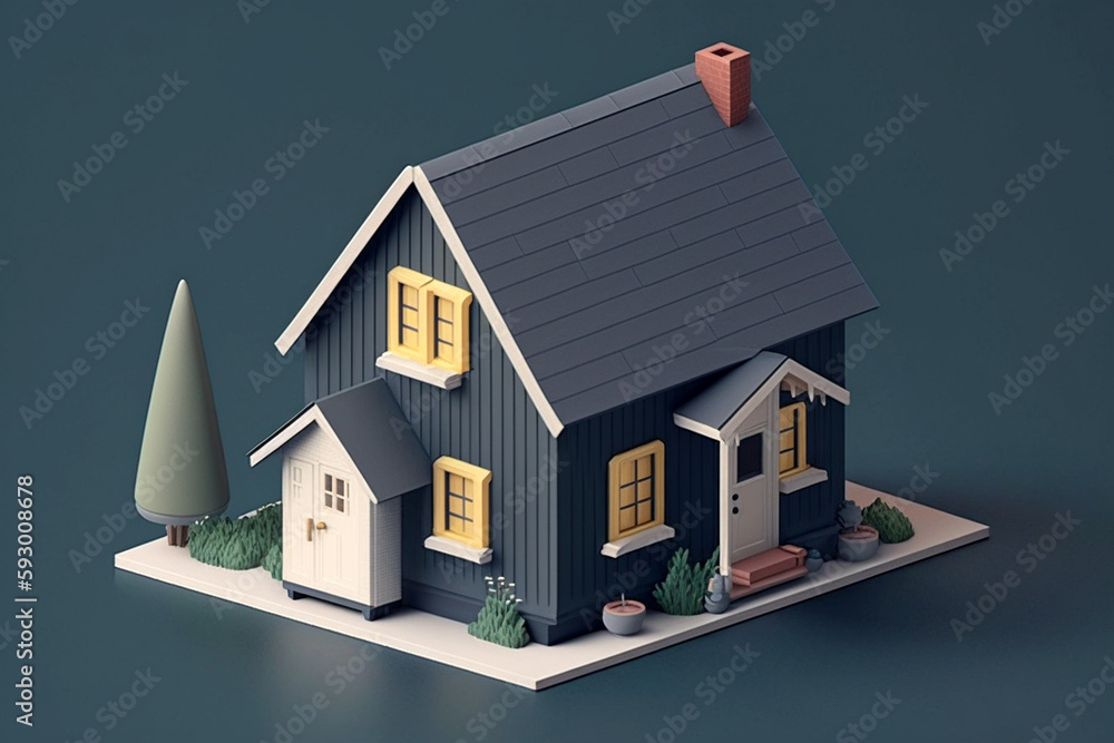 Simple tiny house 3D, isometric model with space for text. Real estate conceptual, rent, home management. Home construction and renovation. AI generated. Simple tiny house 3D, isometric model with space for text. Real estate conceptual, rent, home management. Home construction and renovation. AI generated.