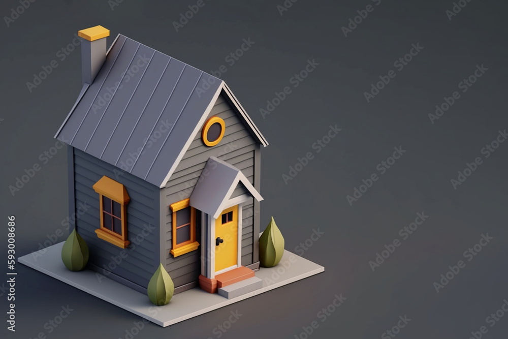 Simple tiny house 3D, isometric model with space for text. Real estate conceptual, rent, home management. Home construction and renovation. AI generated. Simple tiny house 3D, isometric model with space for text. Real estate conceptual, rent, home management. Home construction and renovation. AI generated.