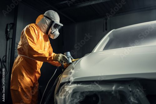 Car painter in protective clothes and mask painting a car, mechanic using a paint spray gun in a painting chamber. Bodywork, paint job, car service, bodypaint garage. AI generated image