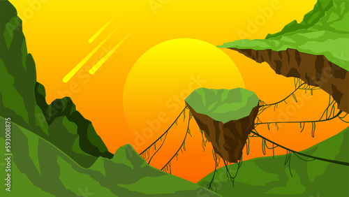 Science fiction landscape vector illustration. Floating island landscape background. Floating island in the sunset sky. Science fiction vector for background, wallpaper, display or illustration