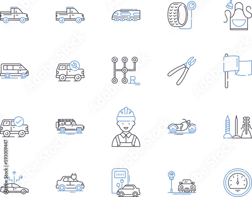 Transport and location outline icons collection. Transport, Location, Voyage, Journey, Shipping, Move, Express vector and illustration concept set. Trip, Haul, Relocate linear signs