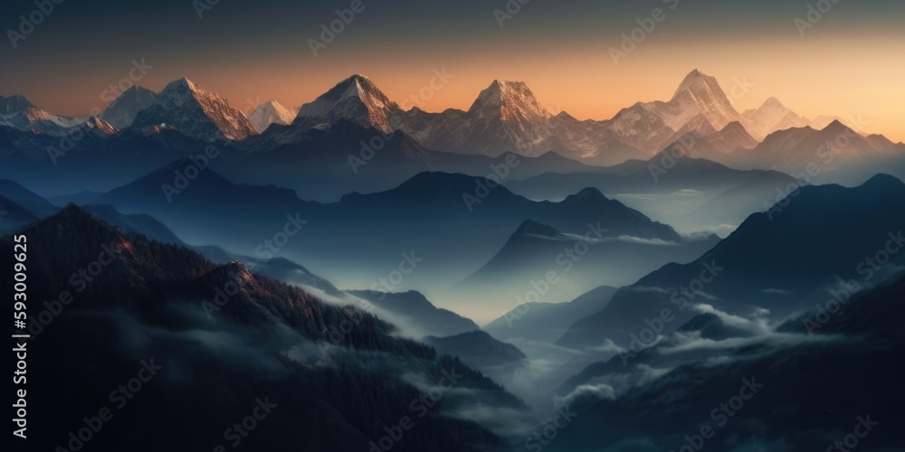 View of the Himalayas during a foggy sunset night - Mt Everest visible through the fog, Generative Ai View of the Himalayas during a foggy sunset night - Mt Everest visible through the fog, Generative Ai