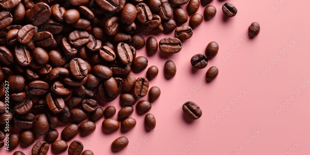 fresh and tasty roasted coffee beans, isolated on a light red background with free copy space, top view, created with generative ai fresh and tasty roasted coffee beans, isolated on a light red background with free copy space, top view, created with generative ai