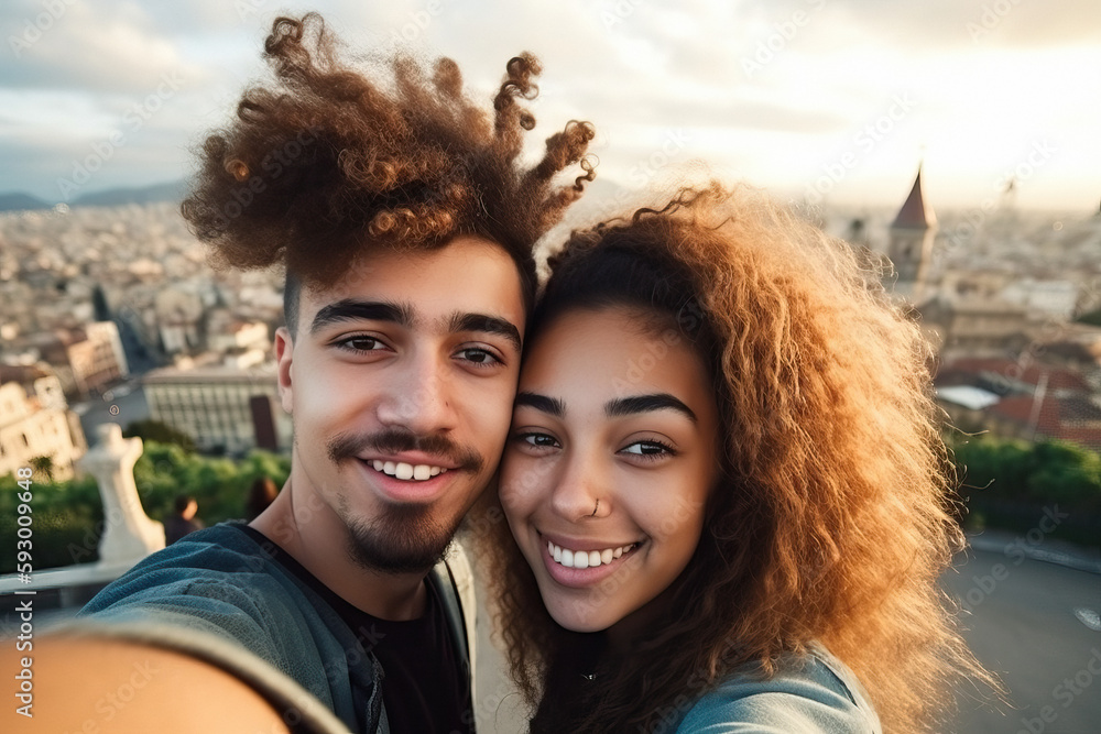Attractive beautiful young couple in love taking a photo of themselves in front of a cityscape. Generative AI Attractive beautiful young couple in love taking a photo of themselves in front of a cityscape. Generative AI