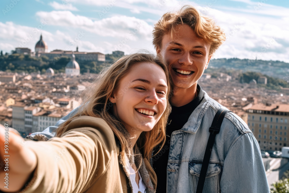 Attractive beautiful young couple in love taking a photo of themselves in front of a cityscape. Generative AI