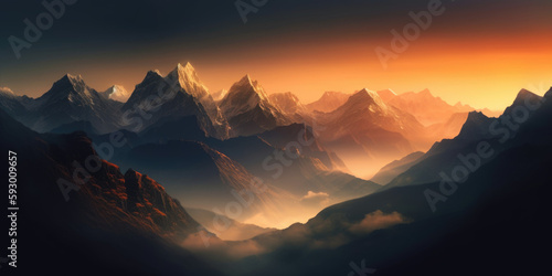 View of the Himalayas during a foggy sunset night - Mt Everest visible through the fog, Generative Ai © Landscape Planet