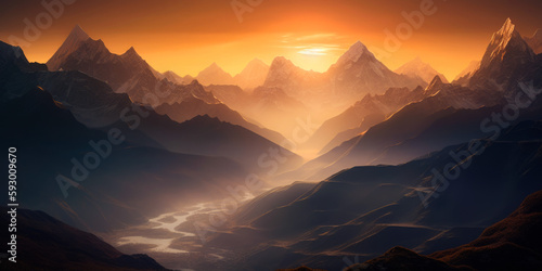 View of the Himalayas during a foggy sunset night - Mt Everest visible through the fog, Generative Ai