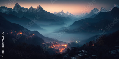 View of the Himalayas during a foggy sunset night - Mt Everest visible through the fog, Generative Ai © Landscape Planet