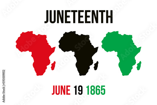 Juneteenth Independence Day. Freedom or Emancipation day. Annual american holiday. Poster, greeting card, banner and background. Silhouette of the African continent in the colors of the flag.