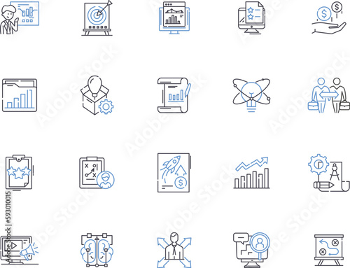 Strategic management outline icons collection. Planning, Decision-making, Organizing, Leadership, Strategy, Analysis, Adaptation vector and illustration concept set. Implementation,Forecasting