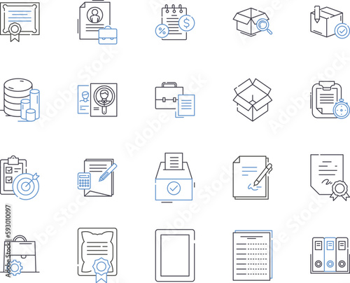 Business files and folders outline icons collection. file, folder, document, report, spreadsheet, presentation, proposal vector and illustration concept set. invoice, receipt, contract linear signs