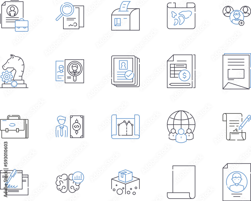 Paperwork outline icons collection. Forms, Documents, Records, Filing, Contracts, Letters, Bills vector and illustration concept set. Notices, Applications, Memoranda linear signs