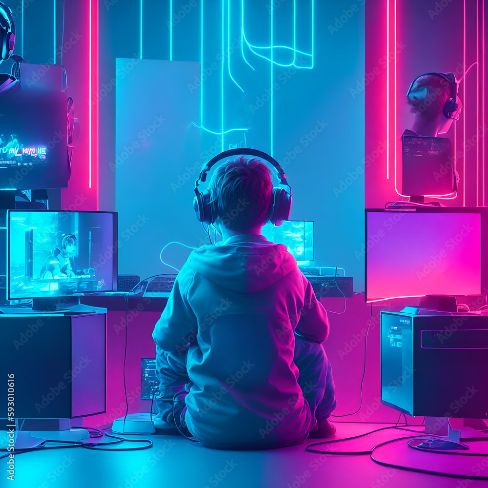 Gamer boy in front of his computer. Generative AI - obrazy, fototapety, plakaty 