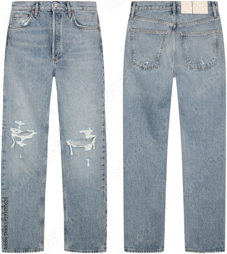 Wallpaper Mural front view and back view, worn at the knees, blue-gray jeans, isolated on transparent or white background, png, mockup Torontodigital.ca