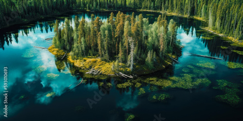 Aerial view of blue water lake and green summer woods in Finland. wallpaper, Generative Ai