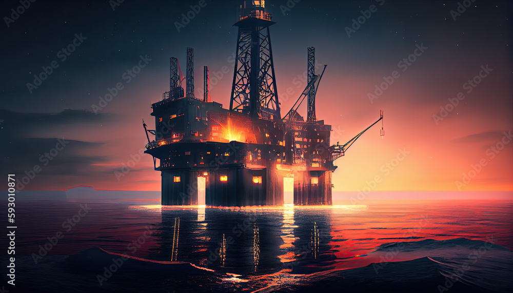 Black oil factory at sunset, conceptual illustration, created using ai tool