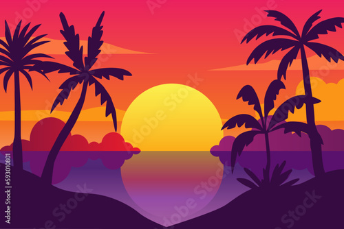 Summer tropical background with palms, sky and sunset. Summer placard vector poster flyer invitation card. Summertime.