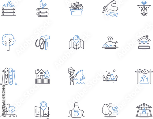 Village outline icons collection. Village, settlement, hamlet, township, rural, homestead, suburban vector and illustration concept set. countryside, town, populace linear signs