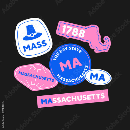 Sticker Pack. Collection of trendy pins. Set of cool patches vector design. Massachusetts retro badges.