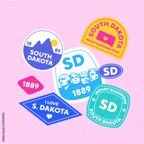 Sticker Pack. Collection of trendy pins. Set of cool patches vector design. South Dakota retro badges.