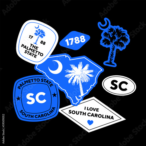 Sticker Pack. Collection of trendy pins. Set of cool patches vector design. South Carolina retro badges.