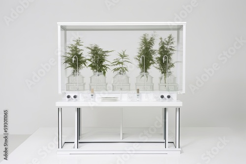 Front image of a transparent podium with lab equipment and mugwort in science on a white backdrop. Generative AI photo