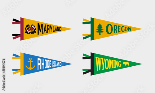 Set of sports team pennants. Retro sports colors labels. Vintage hand drawn wanderlust style. Isolated on white background. Maryland, Oregon, Rhode Island, Wyoming. Vector illustration.