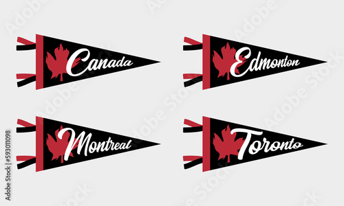 Set of sports team pennants. Retro sports colors labels. Vintage hand drawn wanderlust style. Isolated on white background. Canada, Edmonton, Montreal, Toronto. Vector illustration.