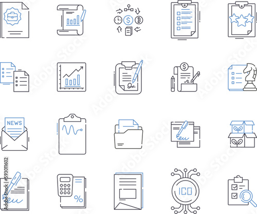 Business files and folders outline icons collection. file, folder, document, report, spreadsheet, presentation, proposal vector and illustration concept set. invoice, receipt, contract linear signs