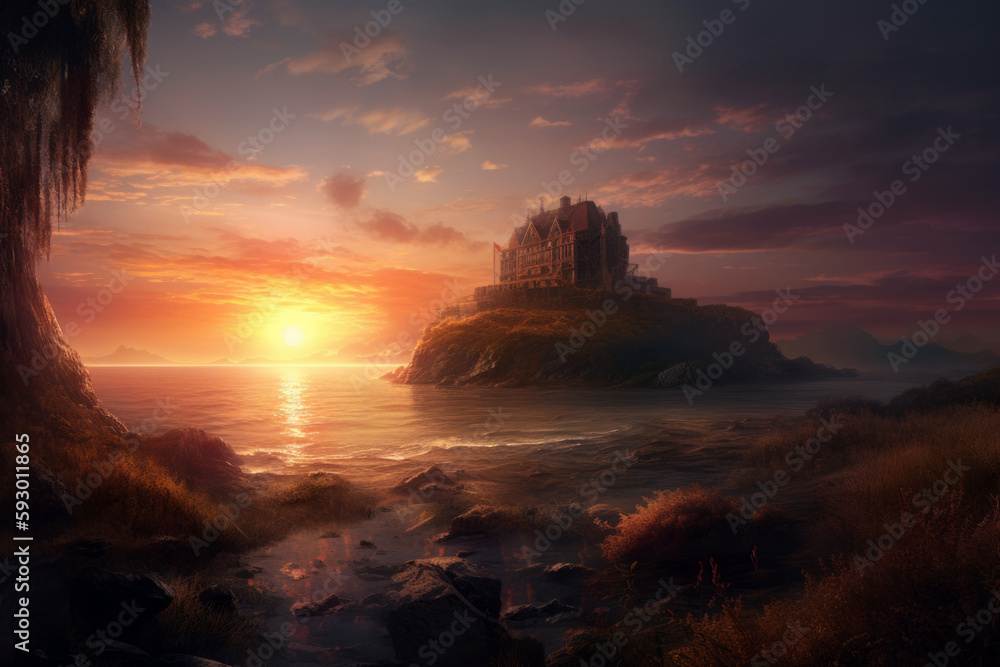 Fototapeta premium an idealised romantic dramatic matte painting of a sunset, Generative Ai