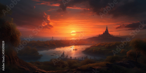 an idealised romantic dramatic matte painting of a sunset, Generative Ai © Landscape Planet