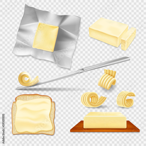 Realistic butter. Spread margarine on bread with knife. Fat food on kitchen dish. Healthy milk diet for breakfast cooking. Dairy product pieces and slices. Vector isolated 3D objects set