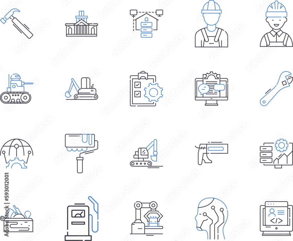 Builder production outline icons collection. Constructor, Fabricator, Manufacturer, Assembler, Producer, Carpentry, Craftsman vector and illustration concept set. Artisan, Joiner, Craftsmanship linear Builder production outline icons collection. Constructor, Fabricator, Manufacturer, Assembler, Producer, Carpentry, Craftsman vector and illustration concept set. Artisan, Joiner, Craftsmanship linear