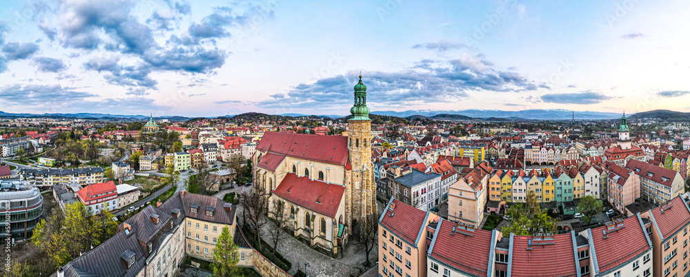 Aerial View of Colorful Panorama Old Town in Jelenia Gora, Karkonosze Mountains, Poland