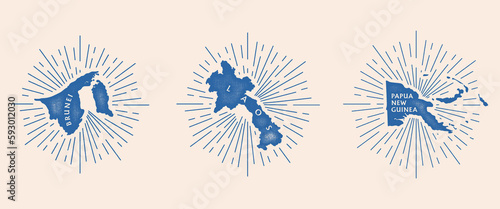 Vintage set asian country maps with grunge texture and emblem. Laos, Papua New Guinea, Brunei vintage print for t-shirt. Trendy Hipster design. Vector illustration