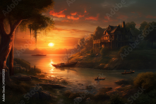 an idealised romantic dramatic matte painting of a sunset  Generative Ai