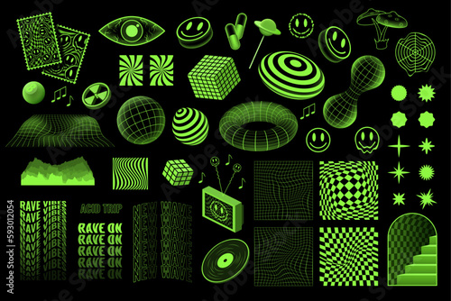 Retro acid shapes, trippy stickers. Neon geometric grid for streetwear, psychedelic melt globe, 3d cool rave elements. Y2k style isolated elements. Trendy geometric vector abstract design